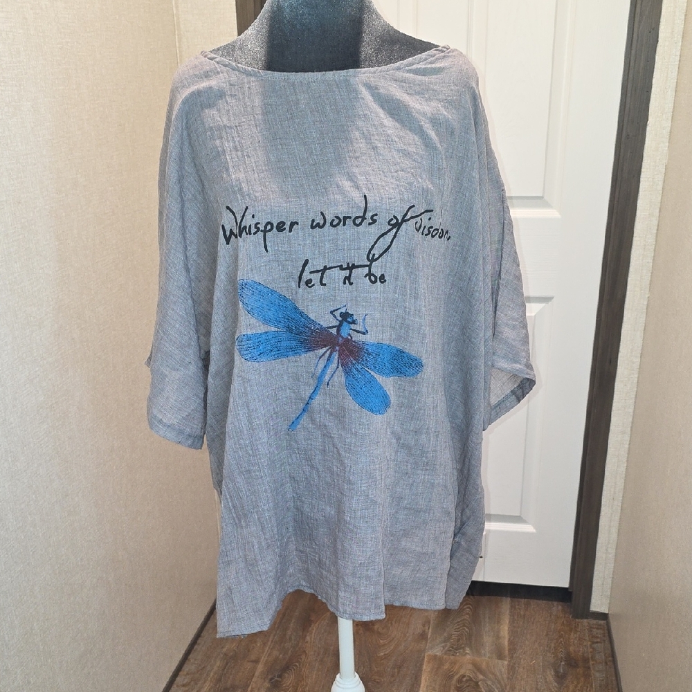 "Wisper Words Of Wisdom Let It Be" Blouse with Blue Dragonfly Design